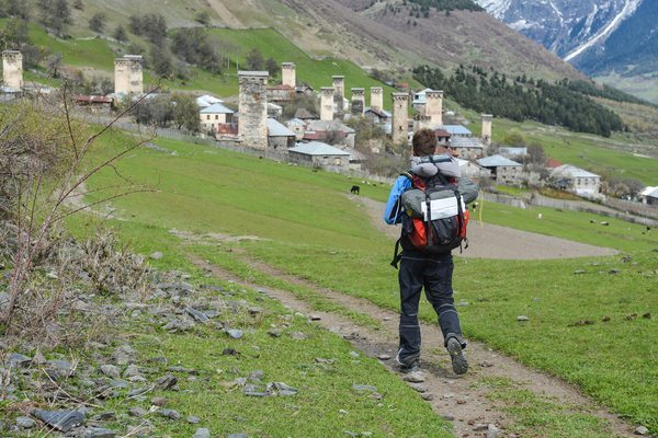 Reaching the first village of the Zhamushi community, hiking in Svaneti.