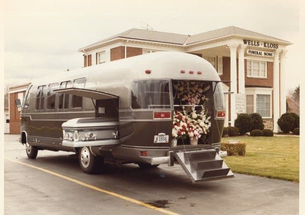 Here’s the exterior view of the Airstream Funeral Coach, circa 1982. It was a decent idea, having one vehicle that could take the place of several. The flowers went into the rear hatch area, as shown, while the casket went into the side carrier space. Mourners rode inside the spacious passenger compartment, which was nicely trimmed and featured individual seats plus a couch at the rear.