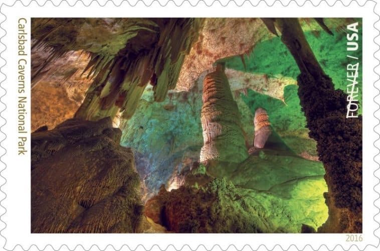 Carlsbad Caverns National Park, NM The stamp image is a photograph by Richard McGuire of the interior of the caverns. High ancient sea ledges, deep rocky canyons, flowering cacti and desert wildlife are all treasures above and below the Chihuahuan Desert ground. Carlsbad Cavern is one of more than 300 limestone caves in a fossil reef laid down by an inland sea 240 million to 280 million years ago. Visit this link for more information. Other National Park Forever Stamps previewed to date include Acadia National Park and Arches National Park, Assateague Island National Seashore and Bandelier National Monument.