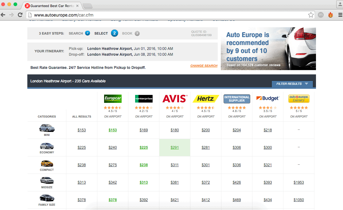 Auto Europe sorts car rentals by cost 