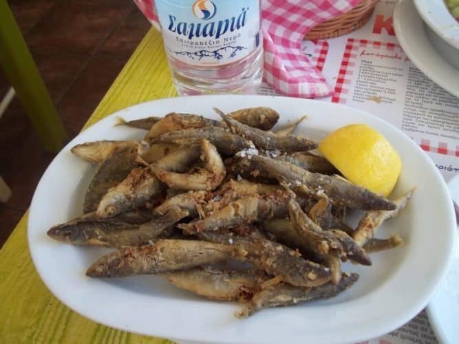 Fried fish with lemon in Santorini, Greece.