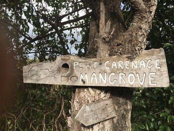 Hard-to-spot sign to Petit Caranage beach. 