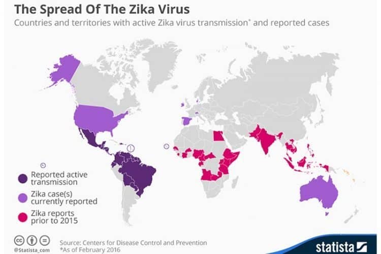 Map showing areas that were affected in the past and where Zika is now a problem. 