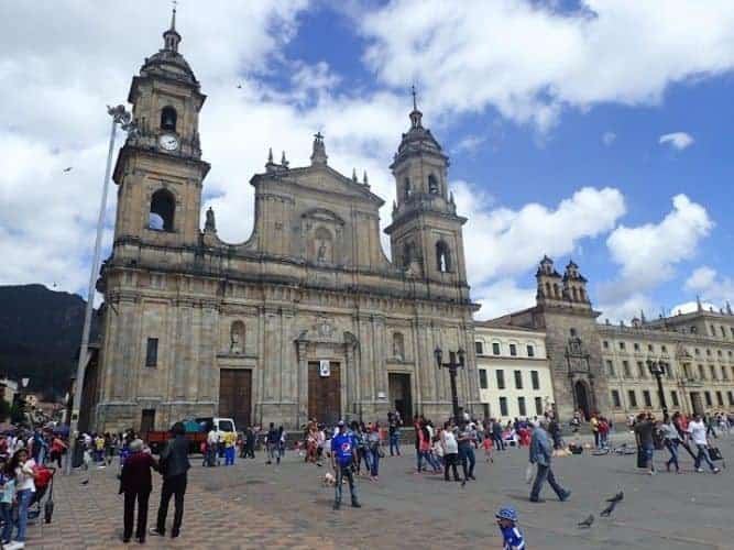 Bogota's main square is a dramatic colonial building, surrounded by a huge open square.