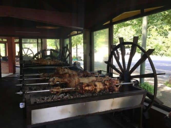 Typical local cuisine: roasted lamb on a spit.
