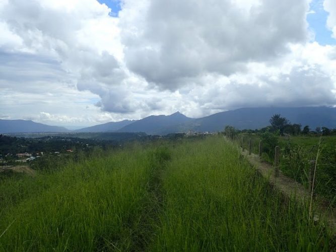 A walking path makes a bike route through the countryside of a farmer's fields in Colombia.