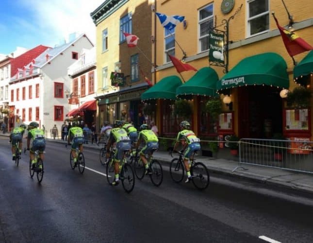 Bike racers whiz down Rue St. Jean in Quebec City's annual Grand Prix Cycliste race.