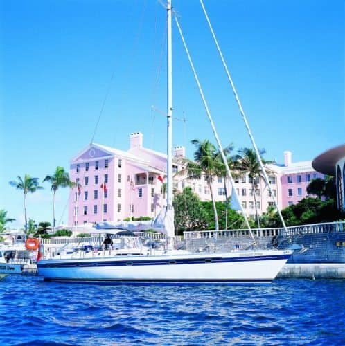 A sailboat graces the harbor in Hamilton, Bermuda.