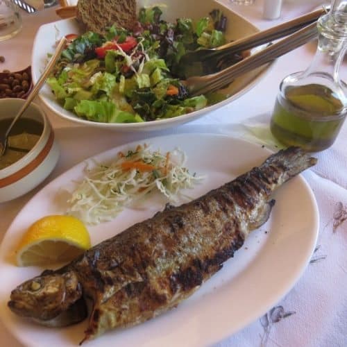 Grilled trout is a common specialty on Crete, raised in ponds.