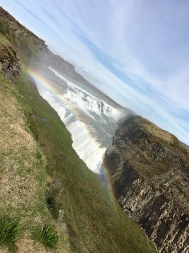 The Gullfoss waterfall is an easy stop from Geysir. A boardwalk walks tourists right up to the edge.