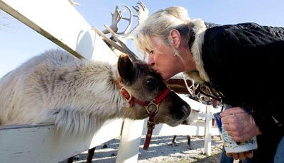 The owner, Julie, performing a reindeer kiss. 