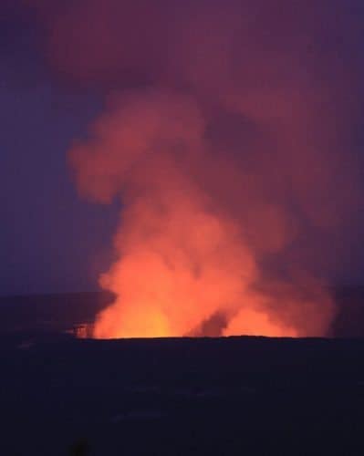 A fiery volcano at Volcanoes National Park on the island of Hawaii.