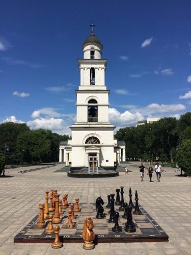 A church and chess in Chișinău Moldova. 
