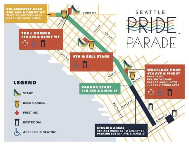 The route of Seattle's Gay Pride Parade through the city.