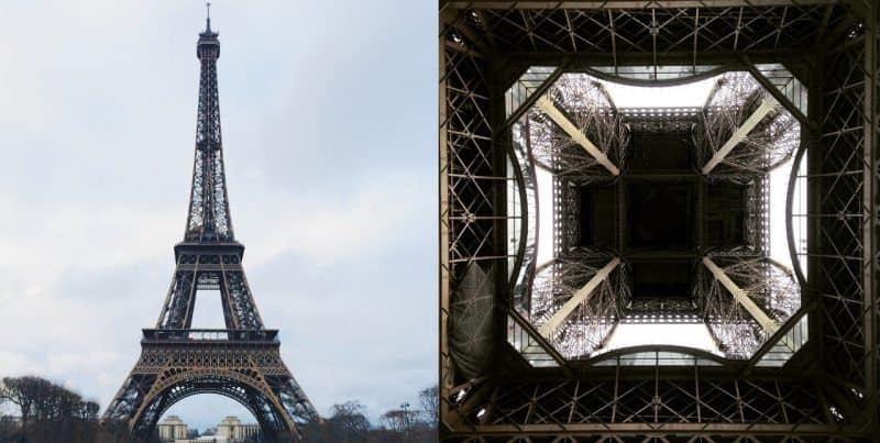 Eiffel tower from different perspectives. Left: Traditional Shot Right: Shot taken from below