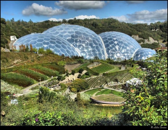 In Cornwall, England, the Eden Project is a series of biomes for different climates inside huge plastic bubbles. Eden Project photos.