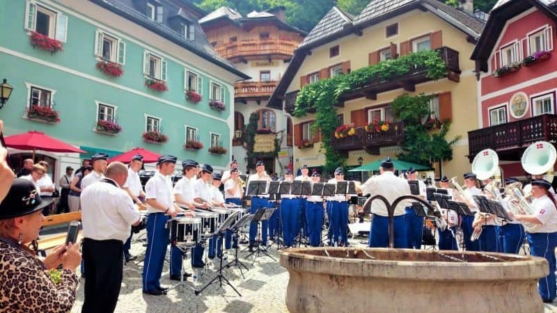 Live music enlivens Hallstatt Square on a summer day in Austria.