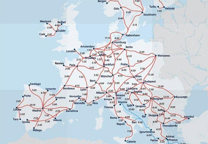 The red lines signify the routes between countries that participate in the Eurail pass. 