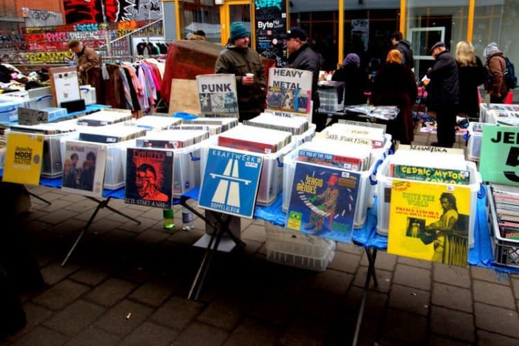 An outdoor record shop featuring vinyl records in Hamburg, Germany.