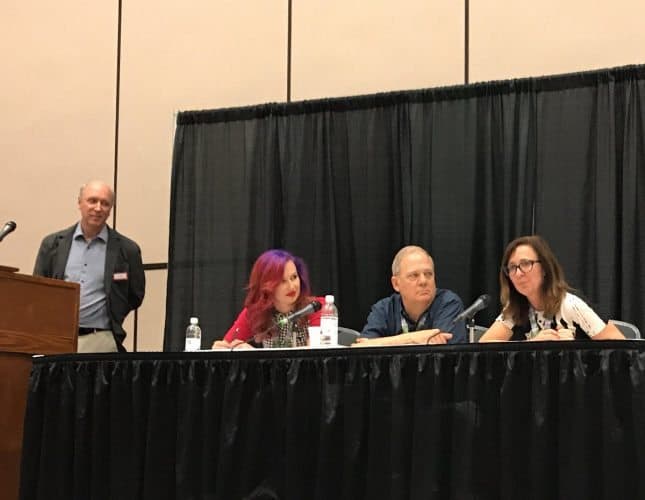 Tim Leffel, editor of Perceptive Travel, Bailey Freeman of Lonely Planet, Max Hartshorne of GoNOMAD and Tracy Minkin of Coastal Living Magazine at the TBEX Editor's presentation in May 2017.