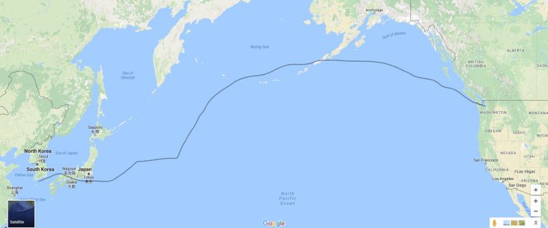 The ship's route from Busan Korea to Seattle Washington.