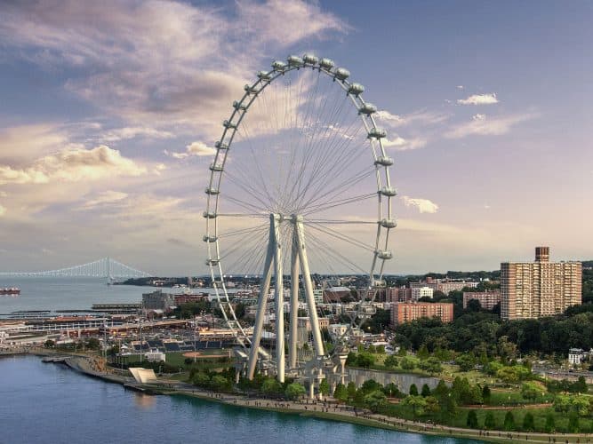 The New York Wheel would have been the world's highest Ferris wheel, at 630 feet. It has been delayed indefinitely, it was supposed to be opening in 2018 in Staten Island's St Georges project.