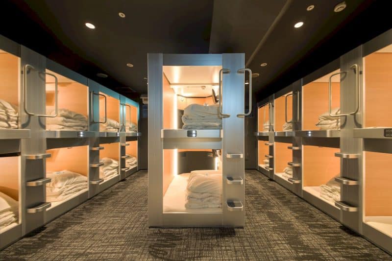 Capsule hotels offer super cheap accommodations for super small sleeping spaces.