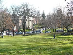 The town common with Amherst College in the background