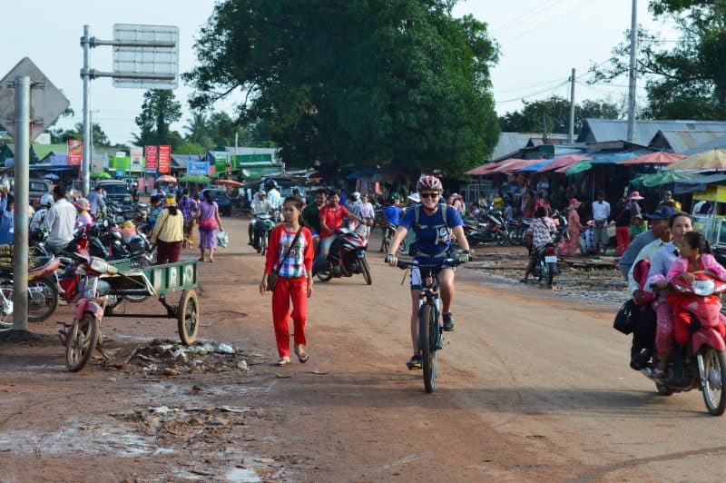 One way to get around for free is to use a bicycle. Here, biking Cambodia, a very inexpensive country to visit. Laura Ricketts photos.