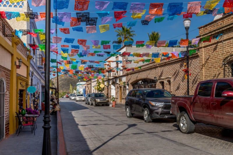 Average street lined with galleries and shops in Todos Santos, Mexico.
