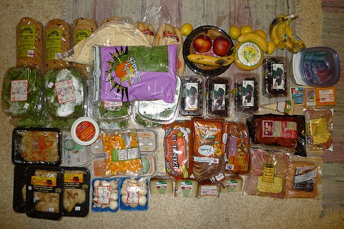 This is the bounty from one Trader Joe's dumpster, all wrapped and ready to enjoy, worth $202 in the store. amateurearthling.org photo.