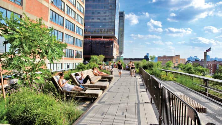 The High Line is the perfect place to lounge and relax, all while enjoying the view.