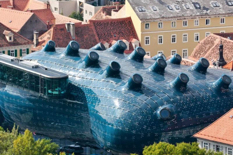 The Kunsthaus Graz, a crazy shaped building that's devoted to art in the city of Graz, Austria.