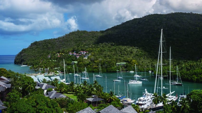 Boats in peaceful Marigot Bay, St Lucia. Janis Turk photos.