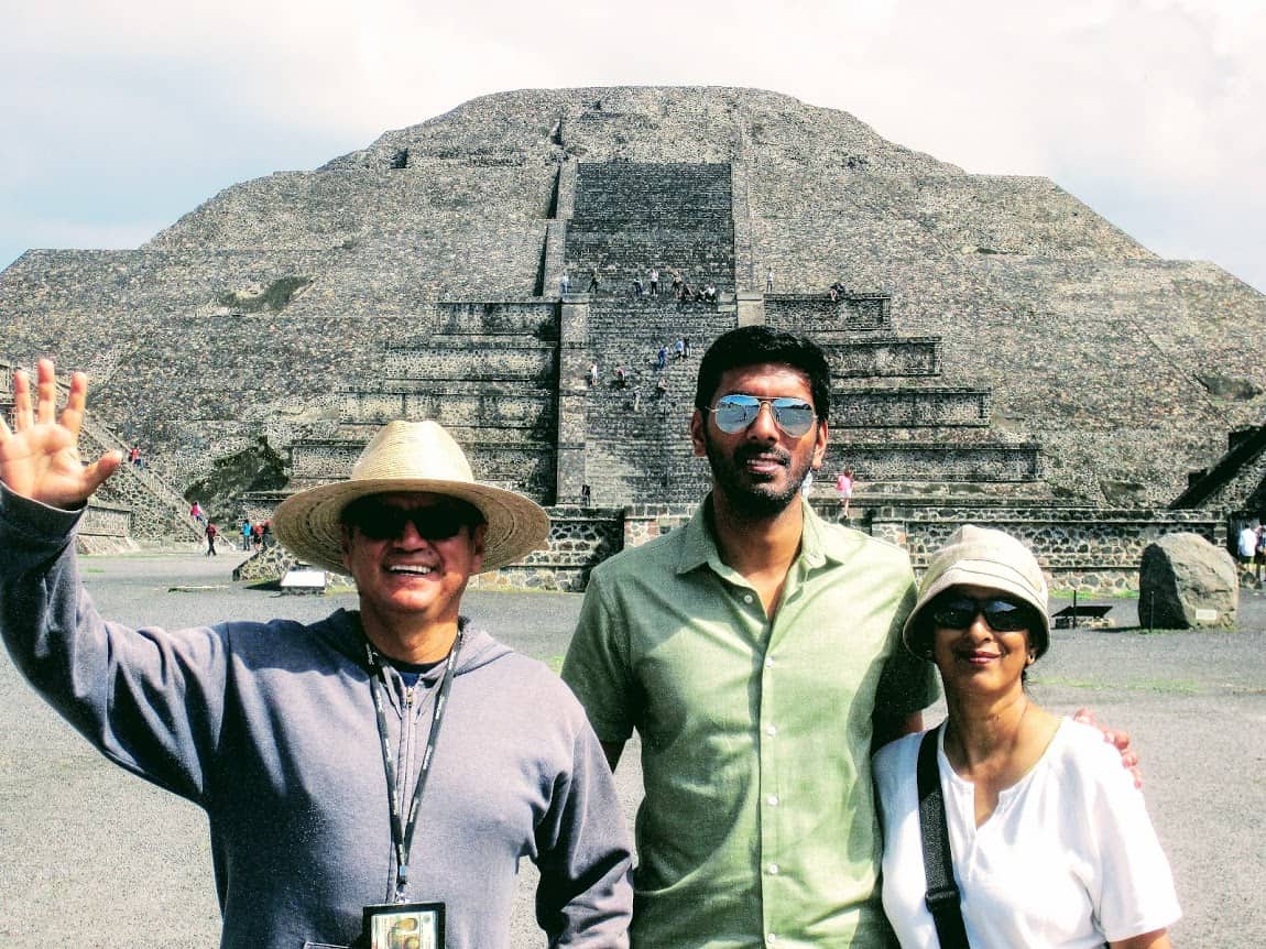 Our tour guide Jorge Mendoza with Arjun and Nirmala in Teotihuacan