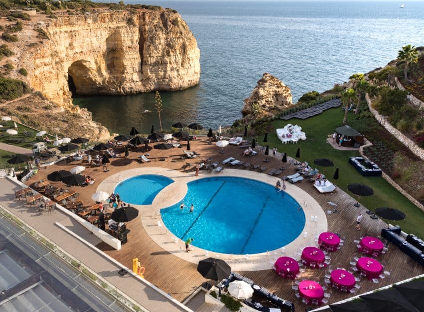 The dramatic view of the Atlantic in the back of the Tivoli Carvoeiro Algarve resort.