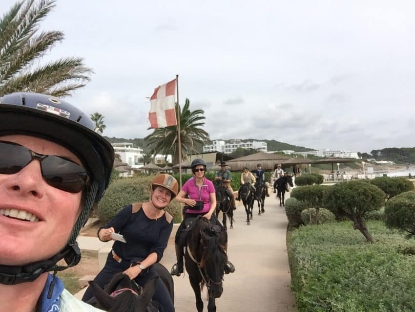A fun selfie I took of our conga line as we headed to Es Brucs for lunch and received many stares from curious beach-goers. Leonor Maroutian and Sophie Pascaud, both from Paris, France, are behind me.