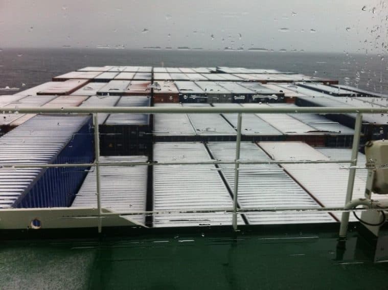 Some of the 8749 containers aboard the ship.