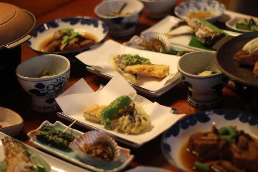 A dinner of traditional Japanese food at the Nishiyama ryokan.
