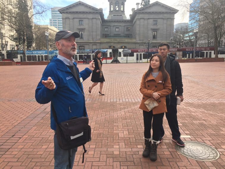 Pioneer Square, the heart of the city of Portland, was once a parking garage. Guide Richard Neuman tells us all about it.