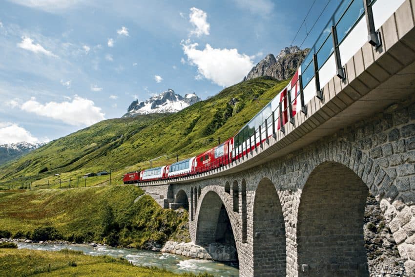 The Glacier Express near Hospental in the Urseren Valley. Photo from Swiss Travel System.