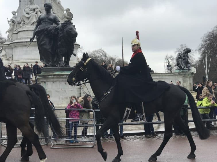 Horse and guard patrolling around the Buckingham Palace