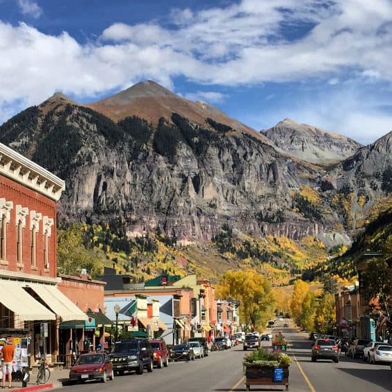 Downtown Telluride, Colorado, where you can get on the gondola for a free ride!