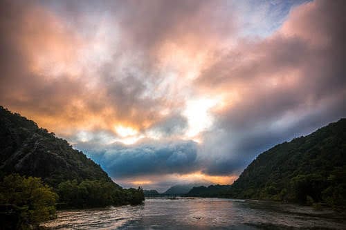 Sunrise at the confluence of the Shenandoah and Potomac Rivers in Harpers Ferry, WV.