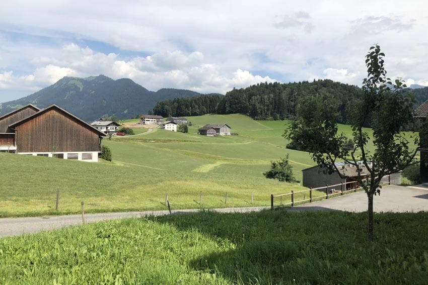 Rolling farm fields and mountains in Schwarzenberg, a small village in the Bregenzerwald region of Vorarlberg state in Western Austria. Max Hartshorne photos.