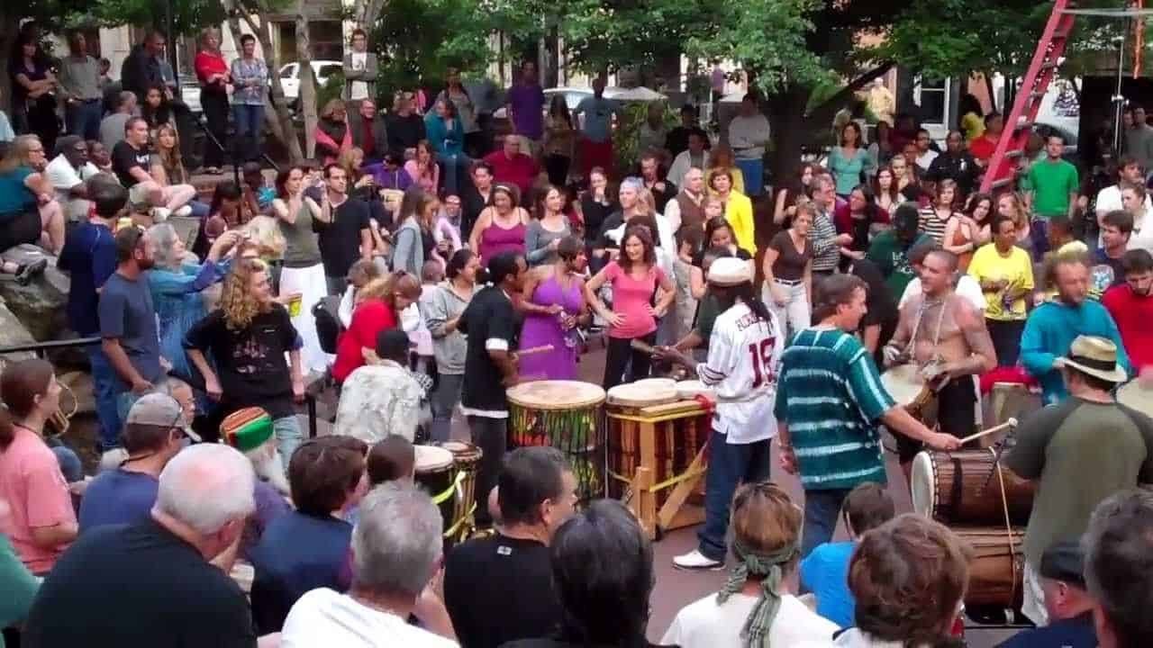 People gathered in Asheville's town square to participate in the drum circle. 