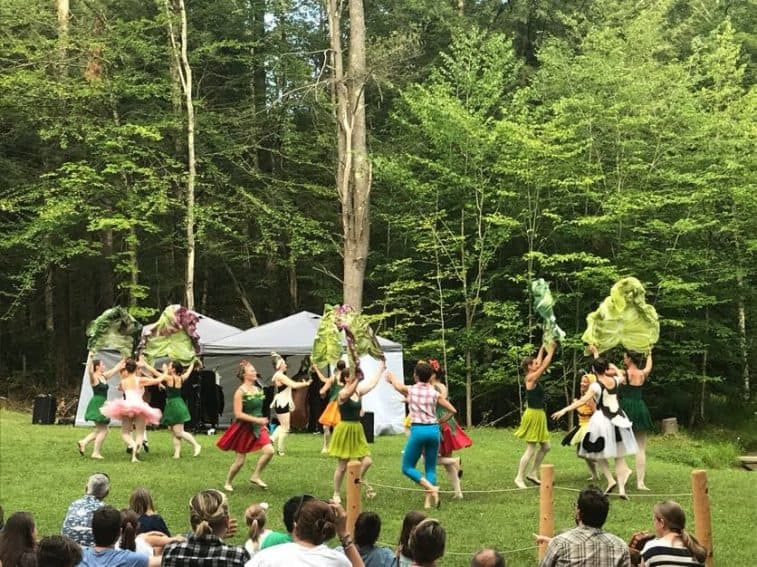 Dancers with large pieces of lettuce dance on the lawn at Moonrise Farms.