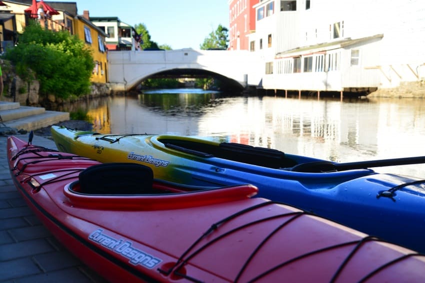 Kayaks already on the Saranac Lake are ready for renting from St. Regis Canoe Outfitters in downtown Saranac.