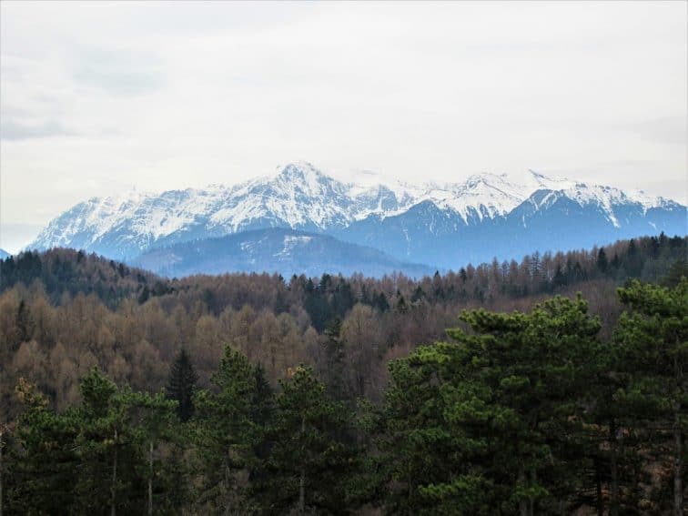 The snow-capped Carpathian Mountains in Romania.