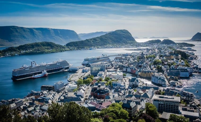 Climb 418 steps up to the top of Mount Aksla and you'll be rewarded with this view of Alesund, Norway, one of the stops on the Norse Legends Cruise.